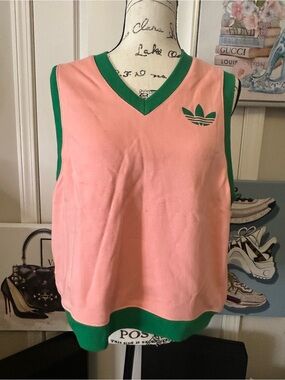 adidas Pink V-Neck Sleeveless Tank with Green Trim and Trefoil